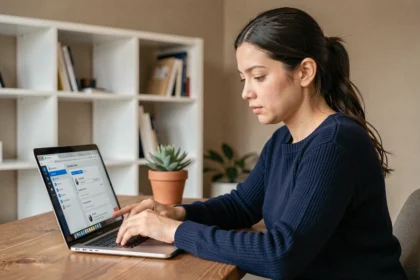 Femme utilisant un gestionnaire de mots de passe dans les paramètres de son navigateur sur un ordinateur portable