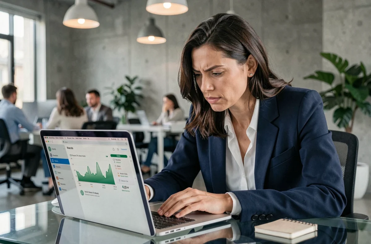 Femme au bureau consultant le gestionnaire de tâches d'un ordinateur portable aux performances saturées