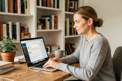 Femme lisant ses emails sur un ordinateur portable dans un bureau à domicile cosy, illustrant la réception de flux RSS par email