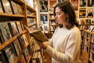 Femme feuilletant des CD dans un magasin de musique indépendant, ambiance chaleureuse et nostalgique