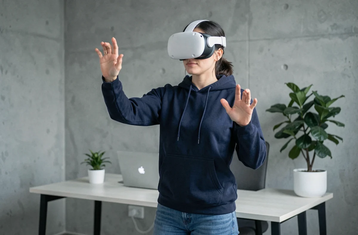 Femme portant un casque Meta Quest 3 dans un bureau moderne, test et comparaison de réalité virtuelle
