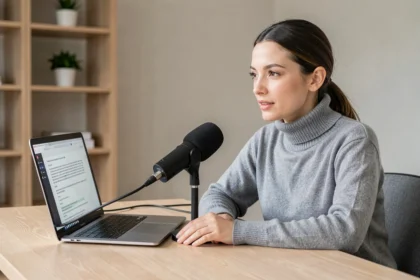 Femme utilisant un microphone USB connecté à un ordinateur pour tester un logiciel de reconnaissance vocale dans un bureau minimaliste