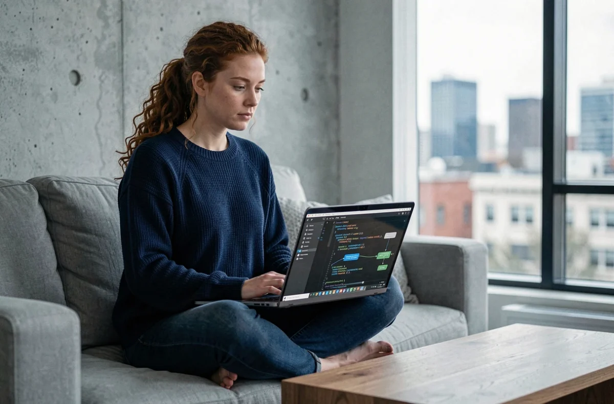 Femme travaillant sur un ordinateur portable affichant des diagrammes d'automatisation, symbolisant le rôle de l'ordinateur comme système automatisé