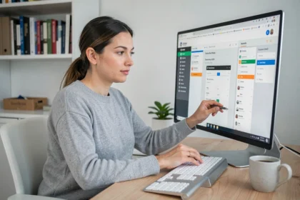 Femme utilisant des outils de productivité en ligne sur un ordinateur dans un bureau moderne à domicile