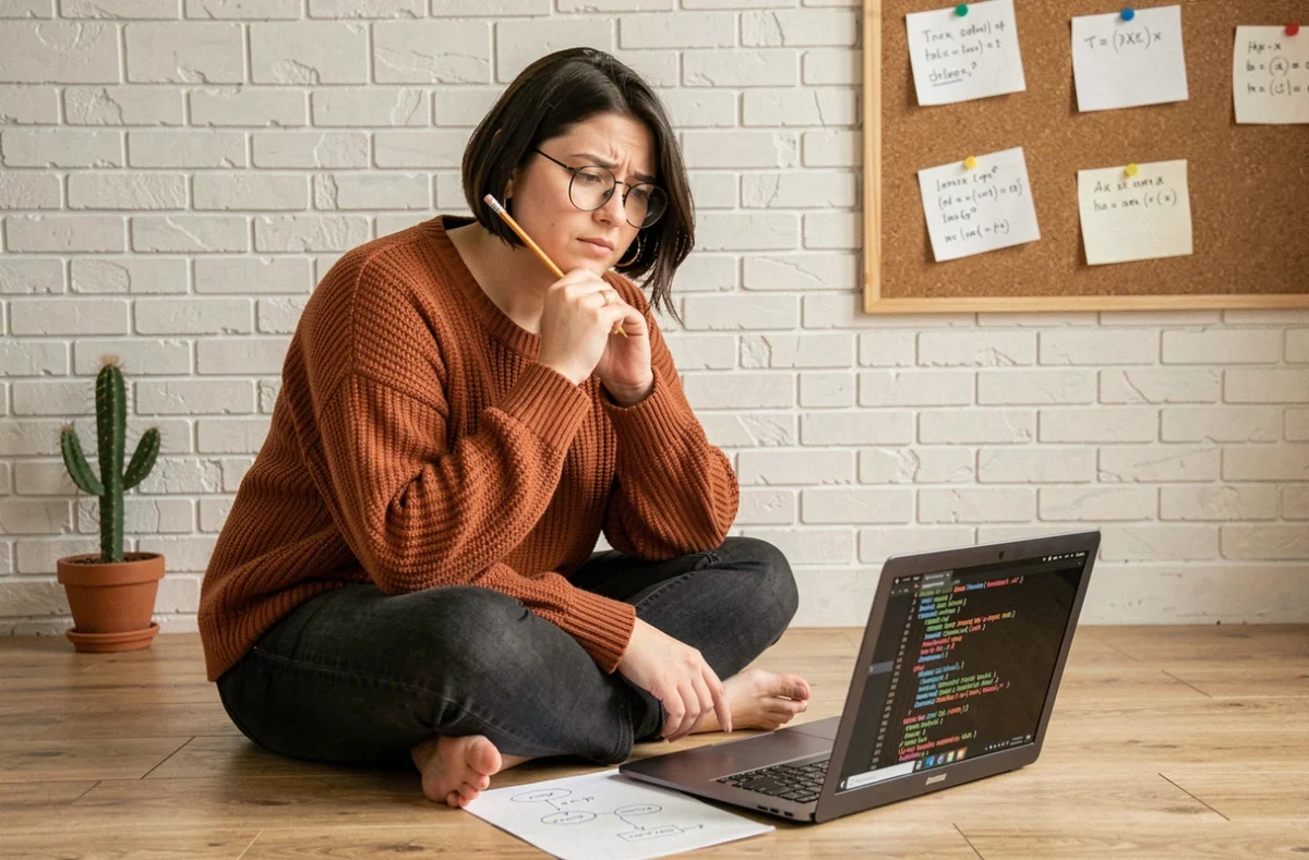 Jeune femme développeuse analysant des erreurs de compilation C++ dans un espace de travail à domicile