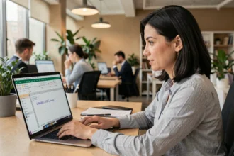 Femme utilisant la fonction RECHERCHEV dans Excel sur un ordinateur portable au bureau