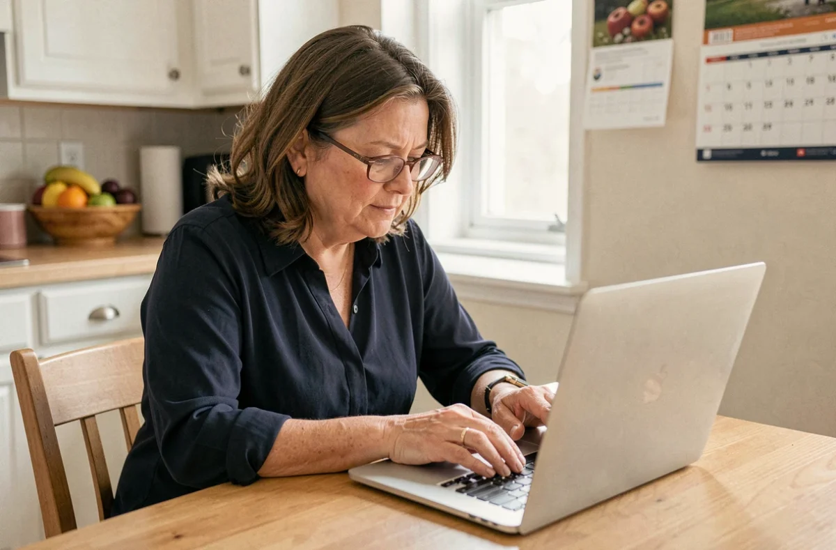 Femme d'âge mûr rédigeant un document texte sur un ordinateur portable dans une cuisine à domicile