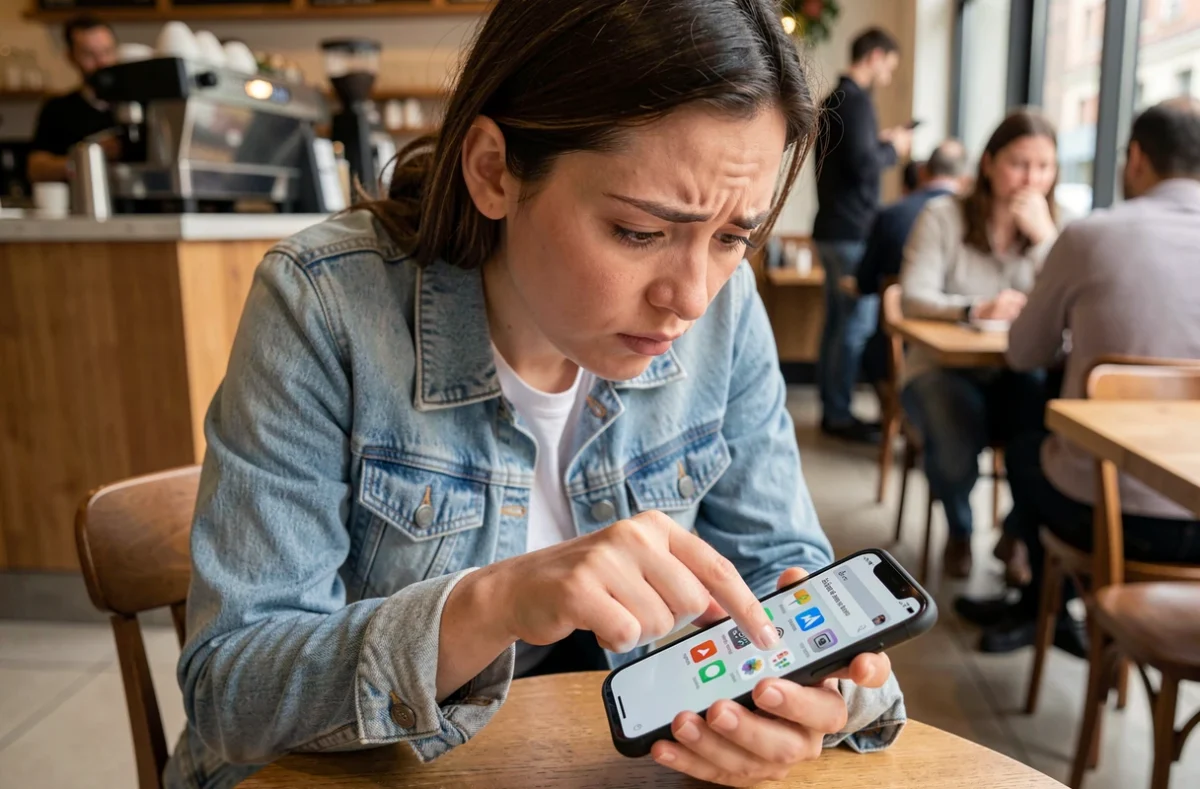 Femme perplexe tentant d'activer la navigation privée sur son smartphone dans un café