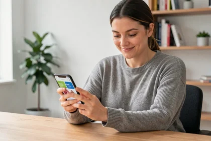 Femme utilisant un smartphone pour naviguer sur un site web responsive depuis son bureau à domicile