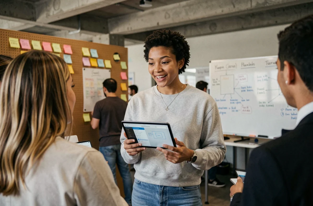 Jeune femme technophile présentant une application numérique dans un espace de coworking