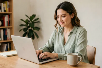 Femme professionnelle utilisant l'email sur son ordinateur portable dans un bureau à domicile moderne