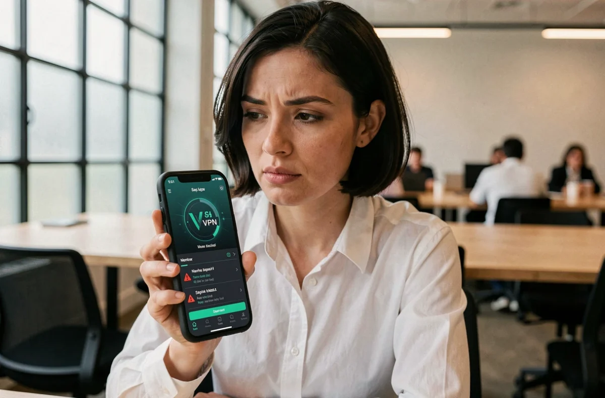 Femme vérifiant une application VPN sur smartphone dans un espace de coworking pour contrôler la surveillance de sa connexion Internet