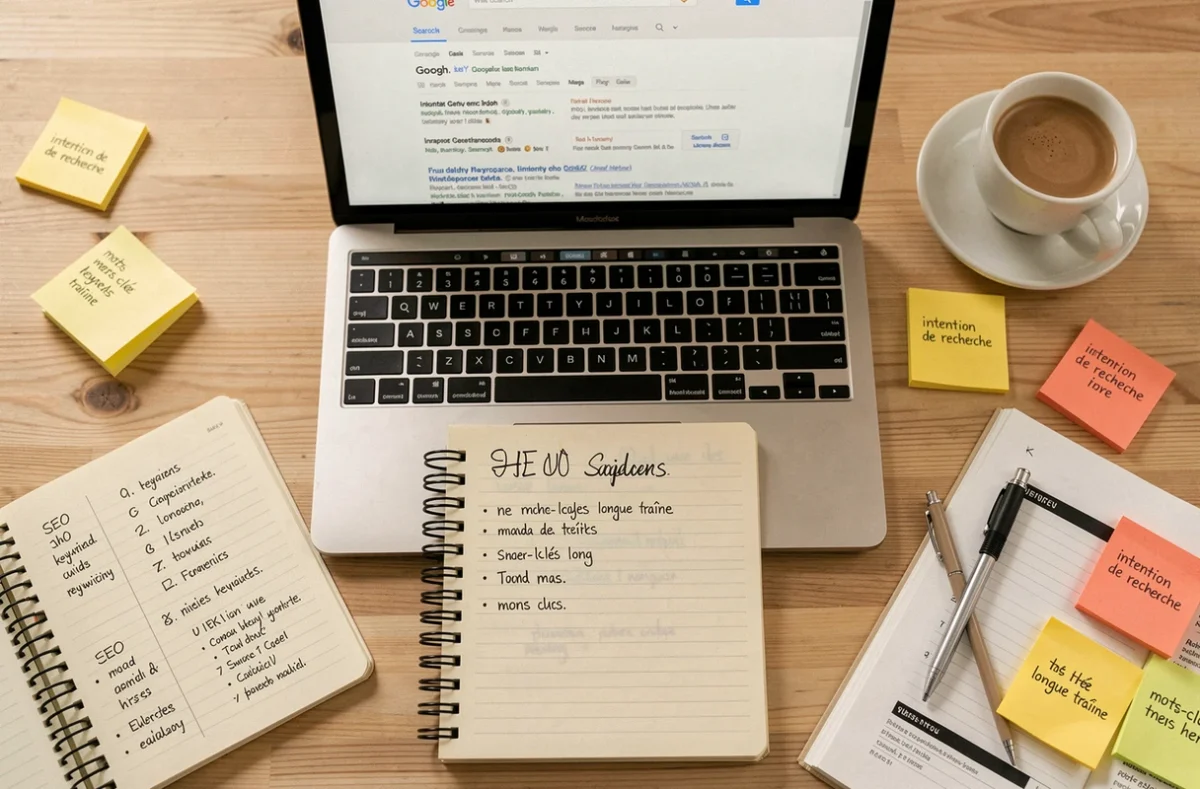 Flat-lay d'un bureau avec cahier de mots-clés SEO, ordinateur portable et notes colorées pour la rédaction web