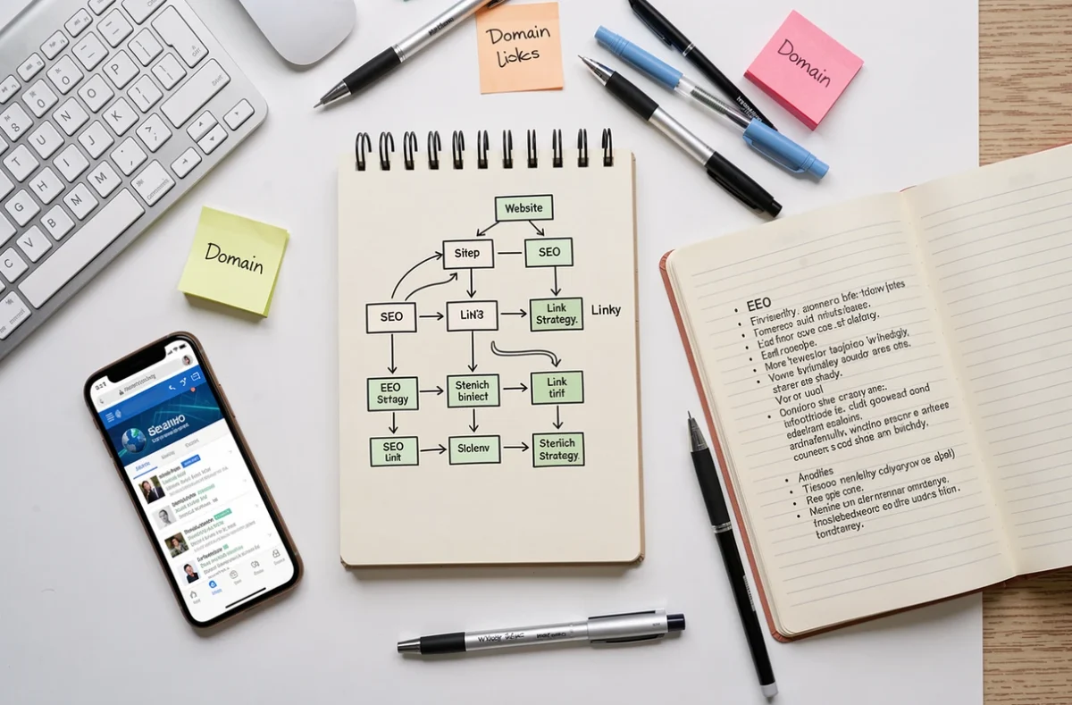 Vue de dessus d'un bureau avec des schémas de stratégie de backlinks dessinés à la main, un clavier et un smartphone affichant des résultats de recherche