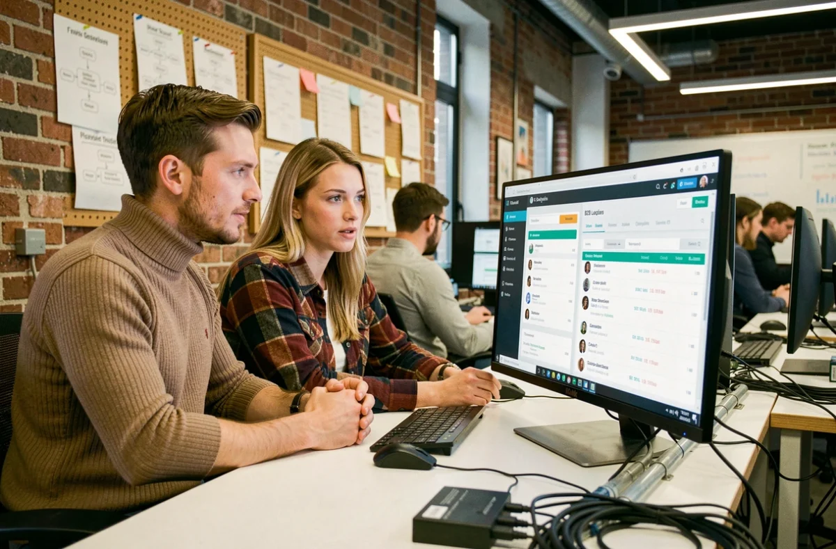 Deux professionnels de l'informatique collaborant sur une plateforme de génération de leads B2B dans un espace de travail moderne