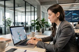 Professionnelle en marketing informatique analysant un tableau de bord de génération de leads sur ordinateur portable dans un bureau moderne