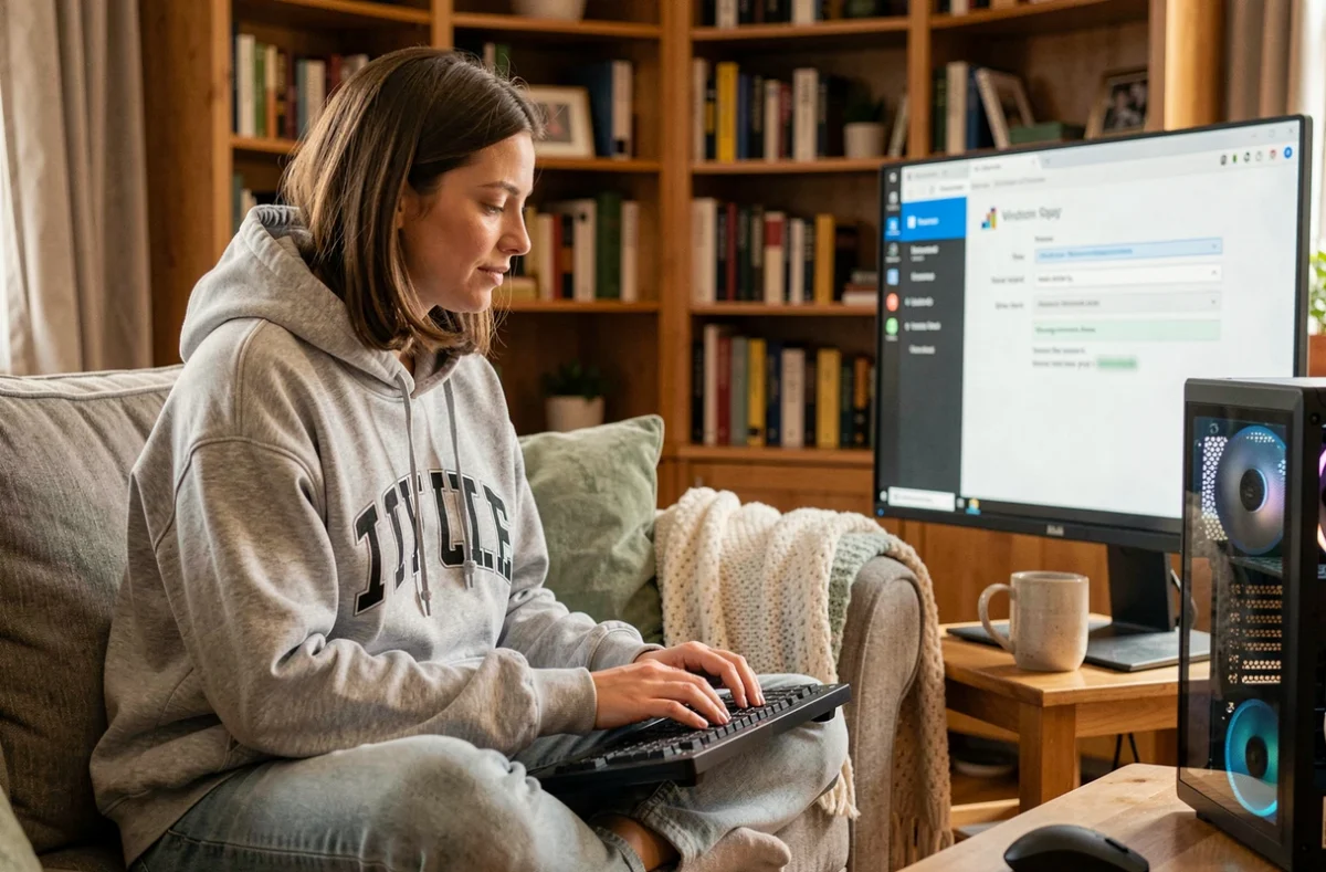 Jeune femme consultant le gestionnaire de mots de passe Windows sur un PC de bureau depuis son salon