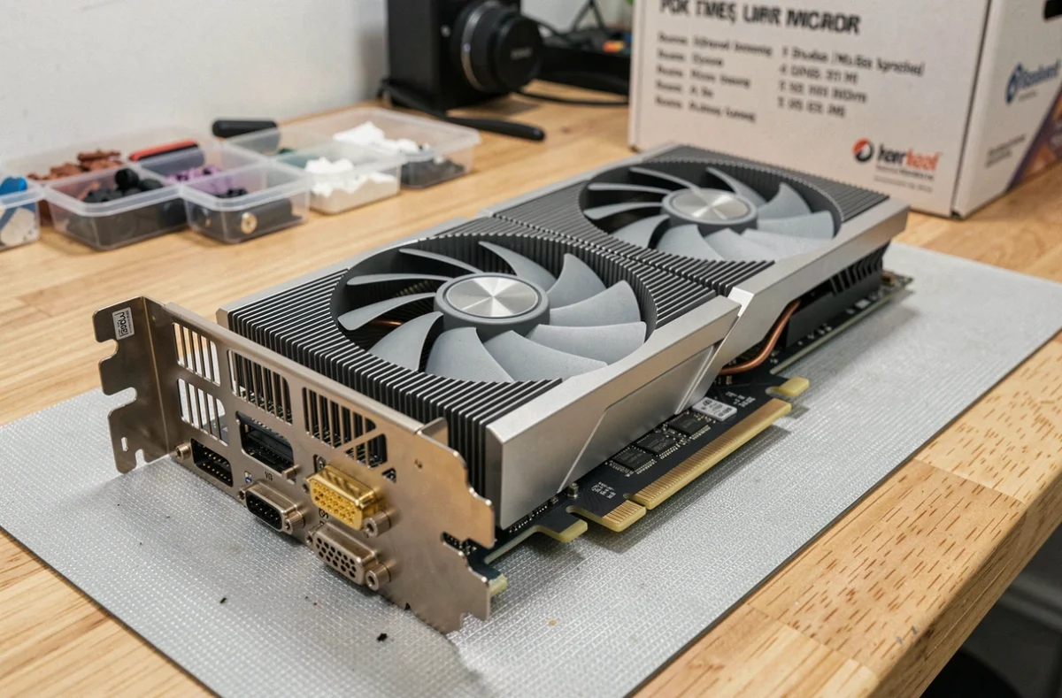 Gros plan d'une carte graphique haut de gamme posée sur un établi dans un atelier informatique professionnel