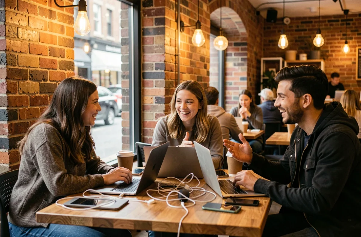Groupe de jeunes adultes collaborant autour de laptops dans un café urbain, représentant l'impact sociétal de l'innovation numérique