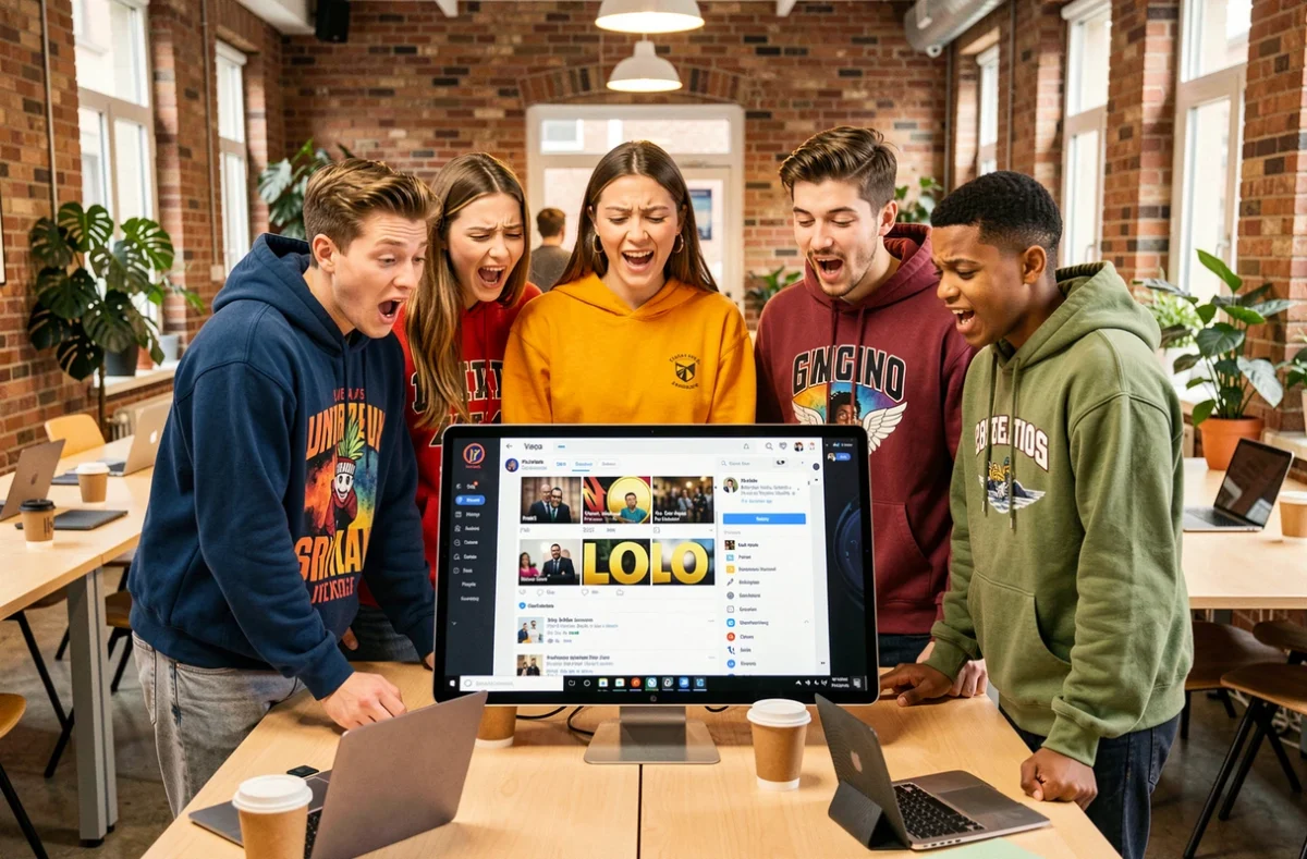 Groupe de jeunes adultes réunis autour d'une tablette affichant le cap d'un milliard d'abonnés dans un espace de coworking