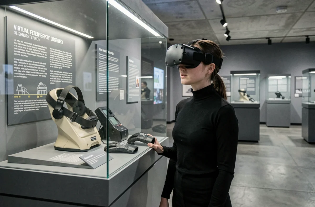 Femme explorant une exposition muséale sur l'histoire de la réalité virtuelle et ses inventeurs