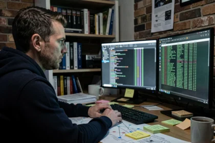 Homme analysant le trafic réseau sur un double écran dans un bureau à domicile pour détecter une surveillance de connexion Internet