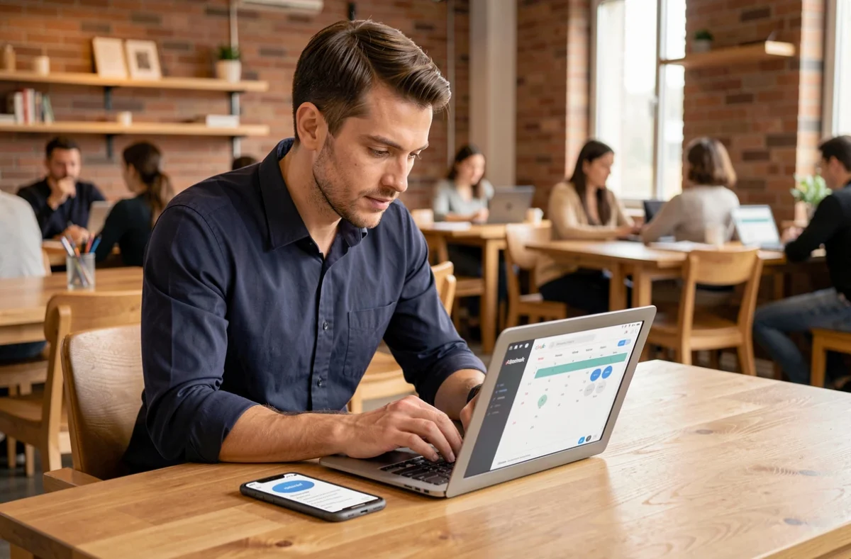 Homme travaillant avec des applications de productivité en ligne dans un espace de coworking