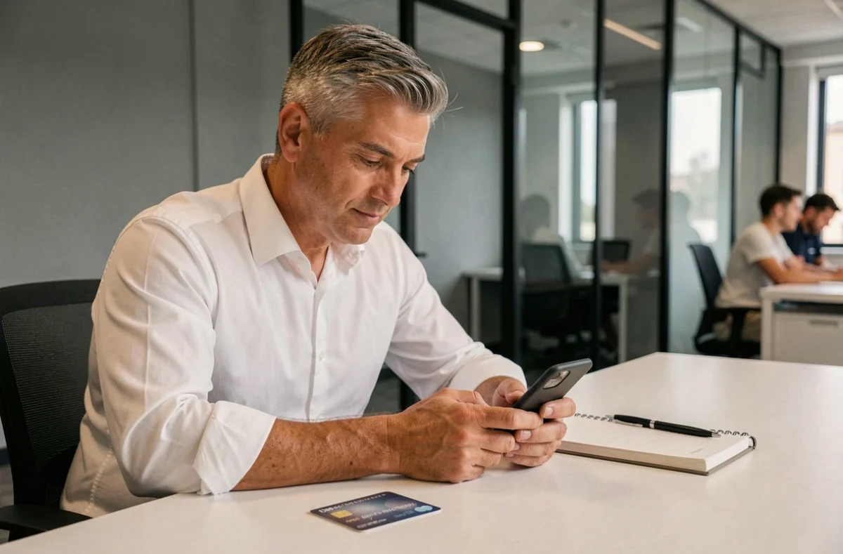 Homme au bureau gérant les paramètres de sécurité de sa carte bancaire sur smartphone