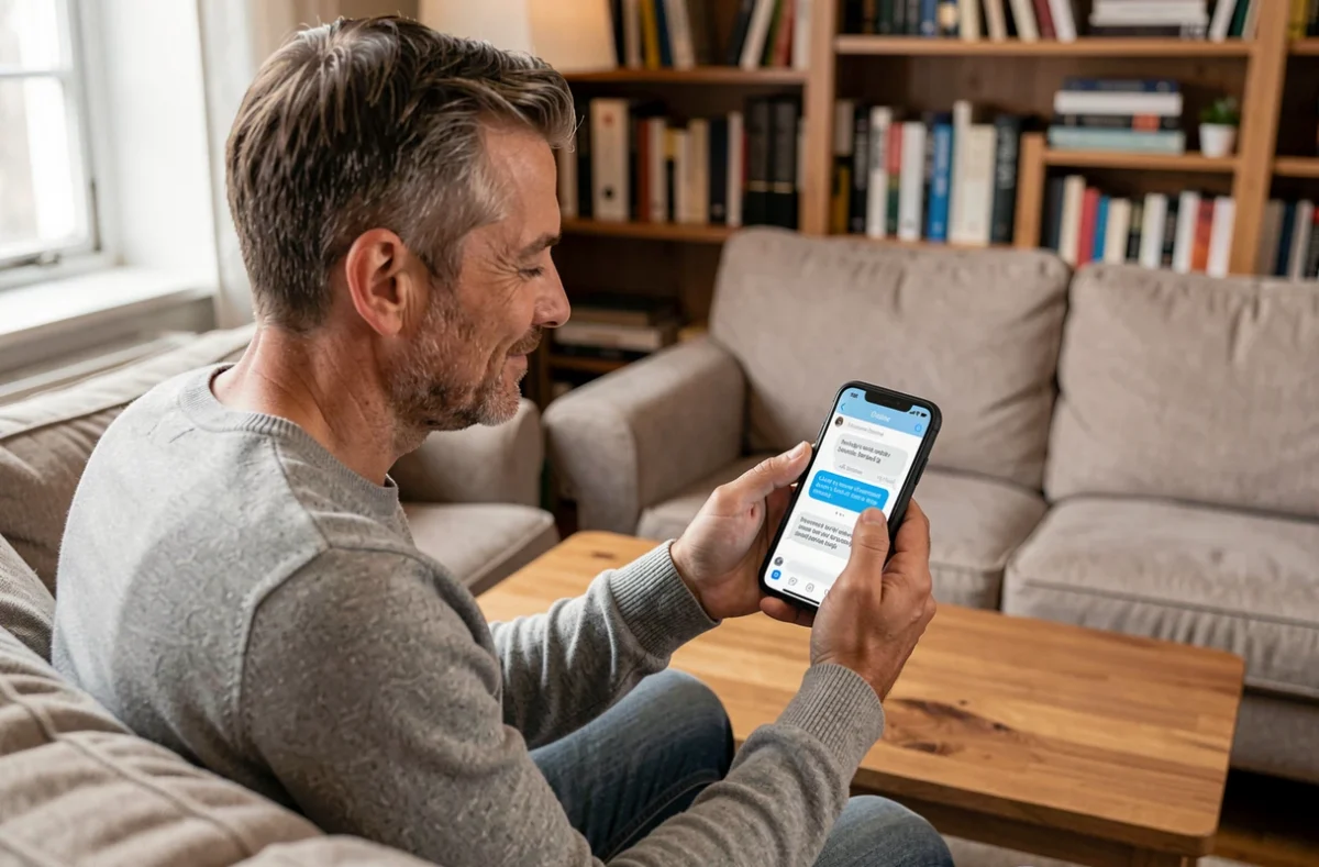Homme satisfait consultant un chatbot de service client sur son smartphone depuis son salon