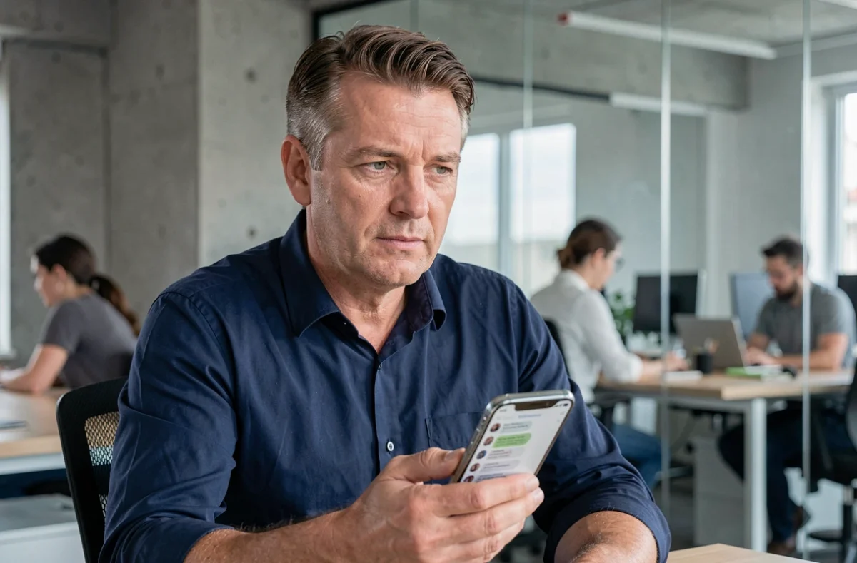 Homme en entreprise consultant un chatbot sur son smartphone dans un open space