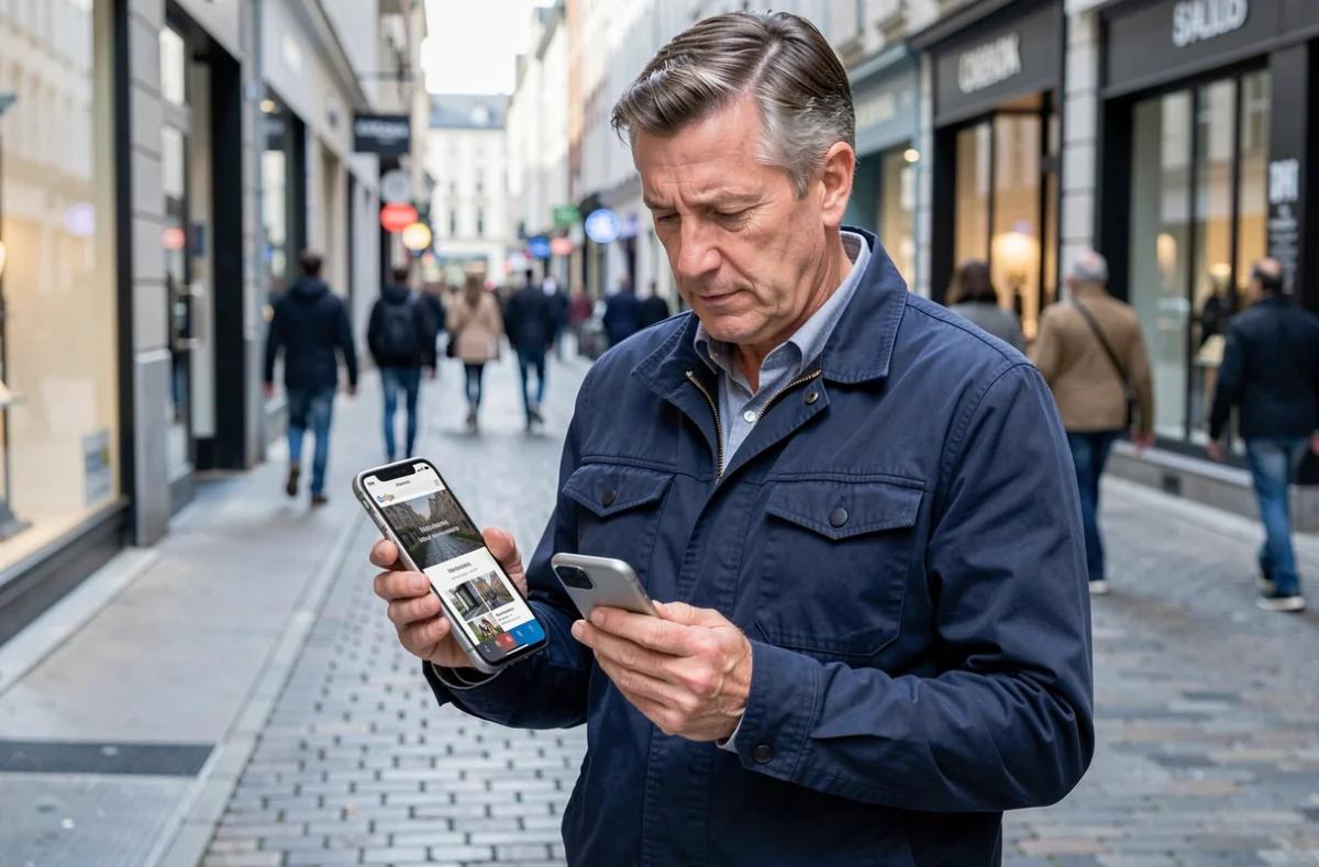Homme en ville comparant un site web responsive sur tablette et smartphone en milieu urbain
