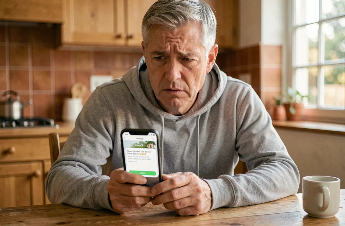 Homme à la maison inquiet devant un SMS de phishing sur son smartphone