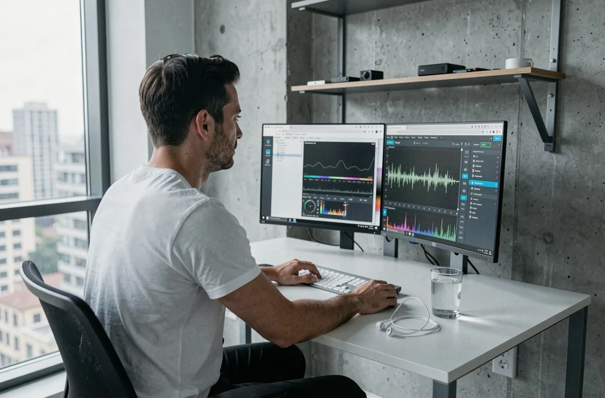 Homme utilisant un double écran pour convertir des vidéos YouTube en MP3 avec un éditeur audio ouvert, dans un bureau moderne