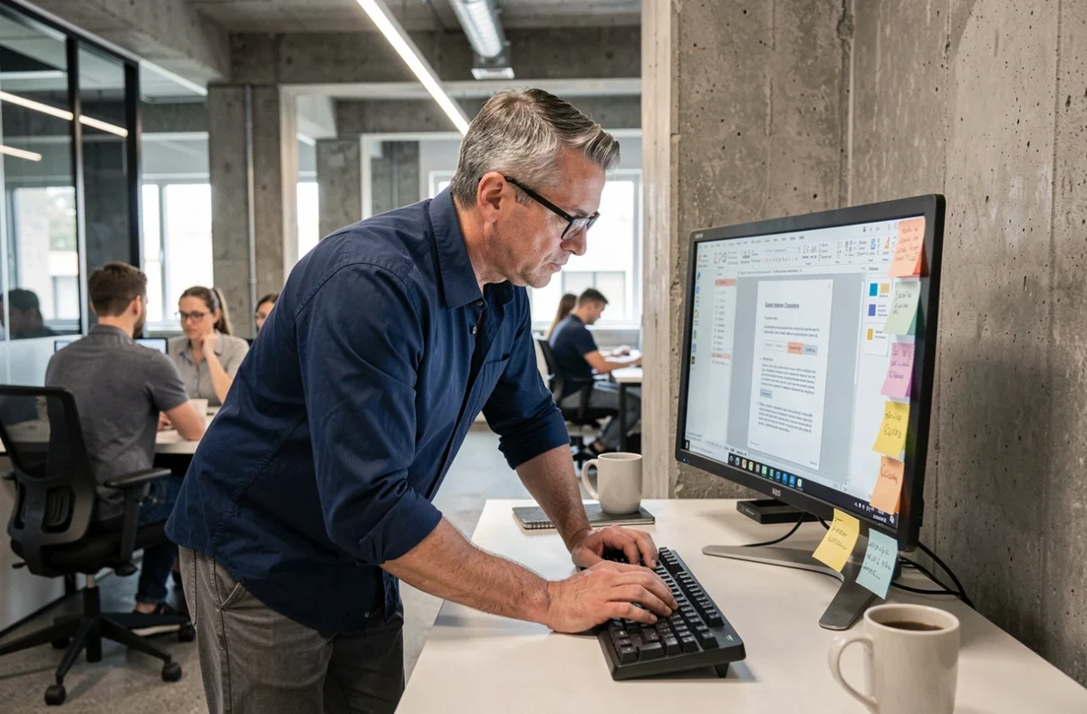 Homme d'affaires modifiant un document PDF sur un grand écran dans un espace de coworking moderne