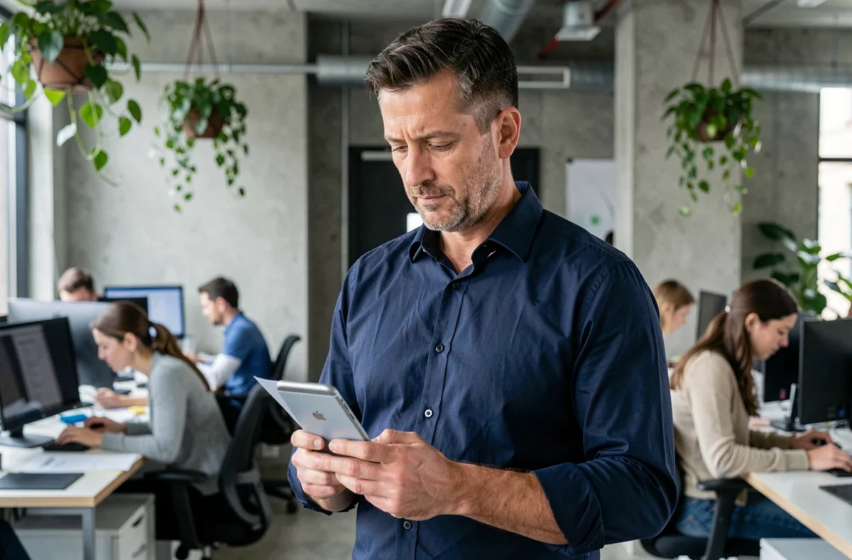 Homme d'affaires lisant ses emails sur smartphone dans un espace de co-working moderne