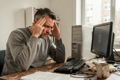 Homme frustré devant un PC lent et un écran avec curseur de chargement dans un bureau à domicile encombré