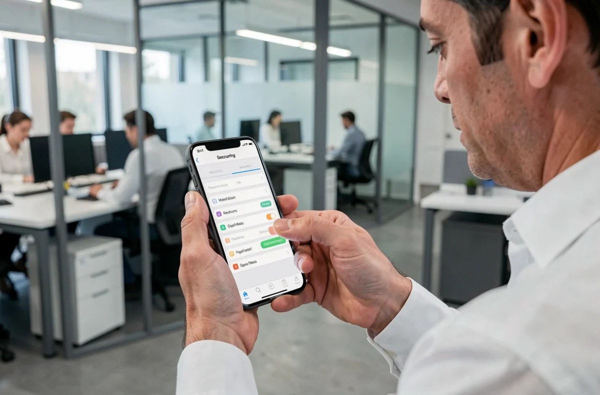 Homme accédant à la gestion des mots de passe depuis les paramètres de sécurité de son smartphone