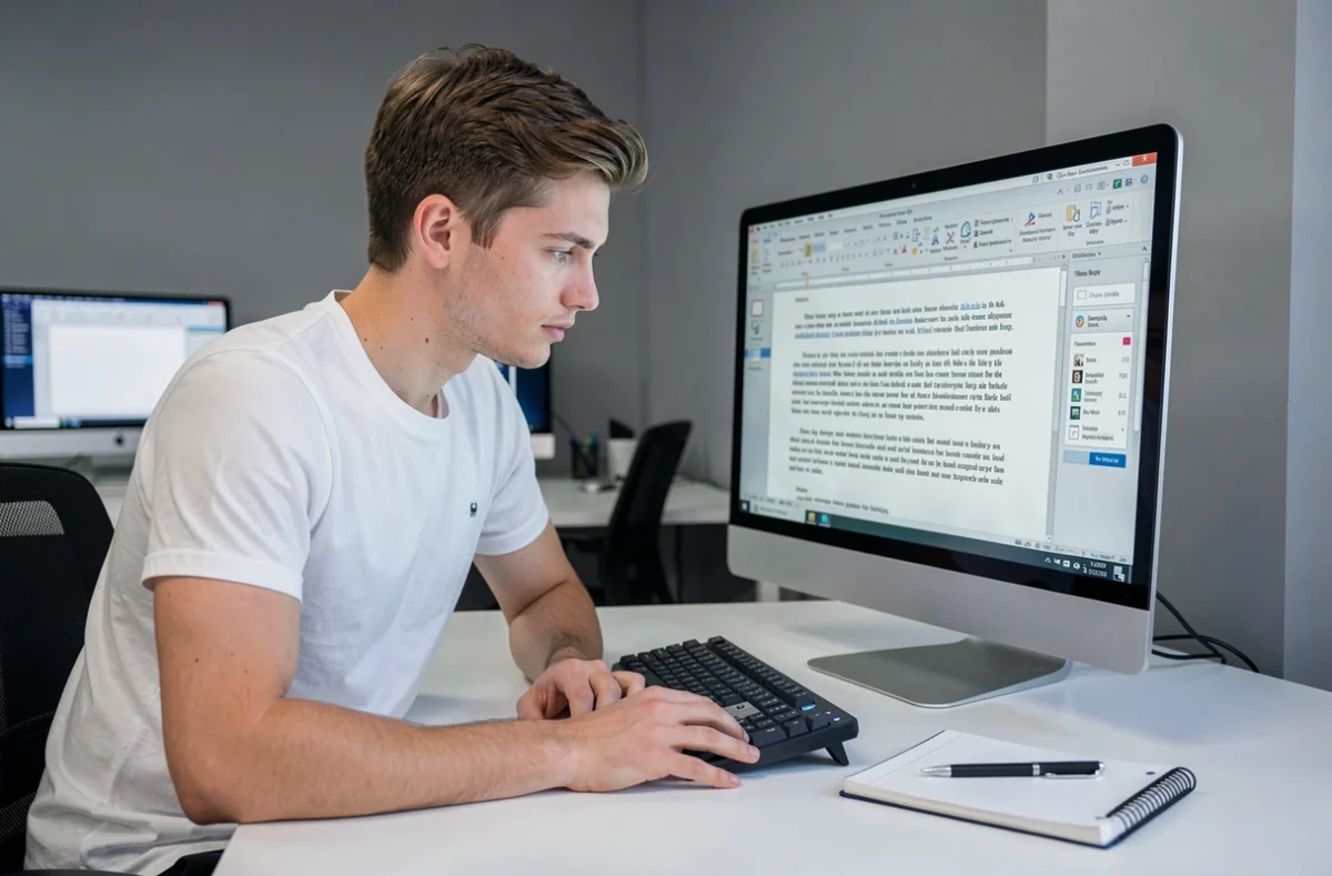 Jeune homme utilisant un logiciel de traitement de texte sur un ordinateur de bureau dans un espace de travail moderne