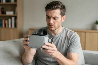 Homme tenant un casque Meta Quest 2 dans un salon moderne, comparaison de casques VR Meta Quest