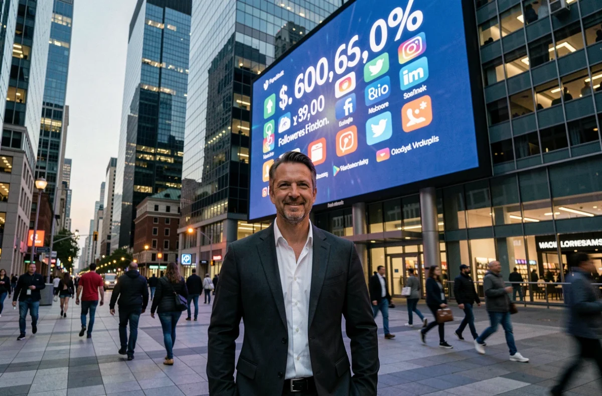 Homme en blazer devant un panneau d'affichage numérique urbain montrant un milliard d'abonnés sur les réseaux sociaux