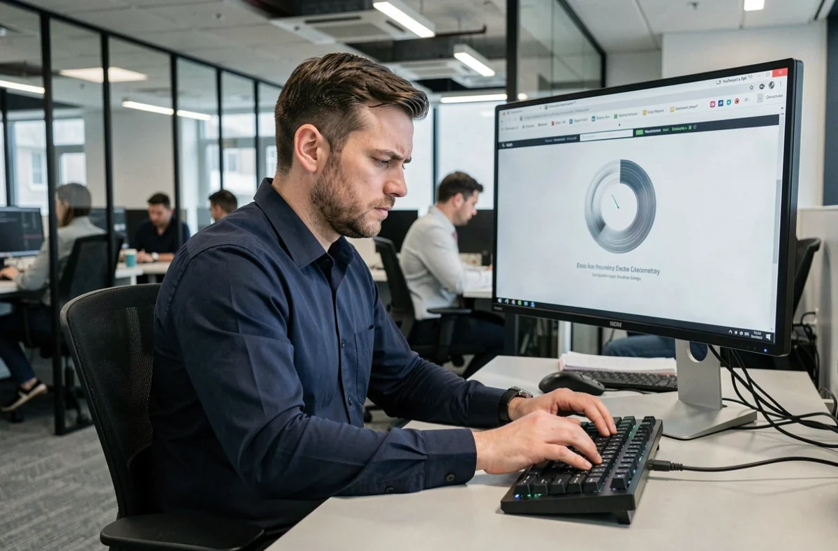 Homme en open space professionnel face à un navigateur figé et un site web qui ne charge pas