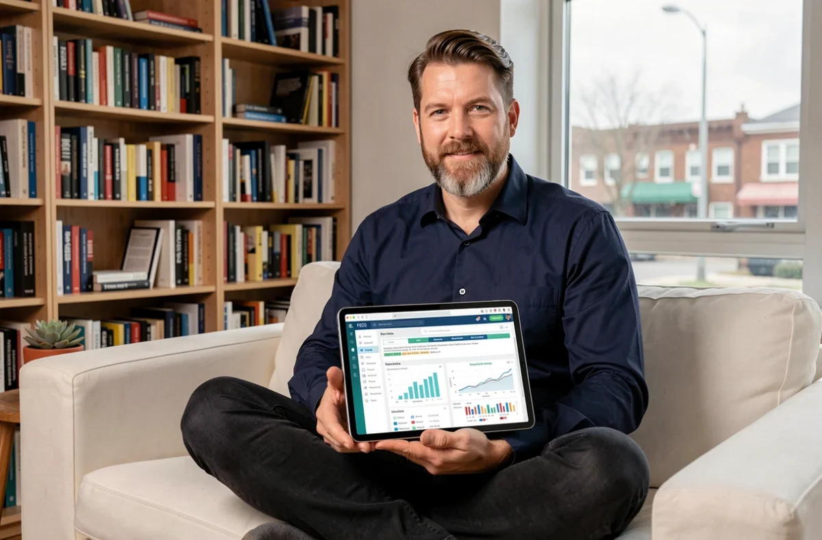 Homme consultant un outil d'audit SEO gratuit sur une tablette dans un bureau à domicile