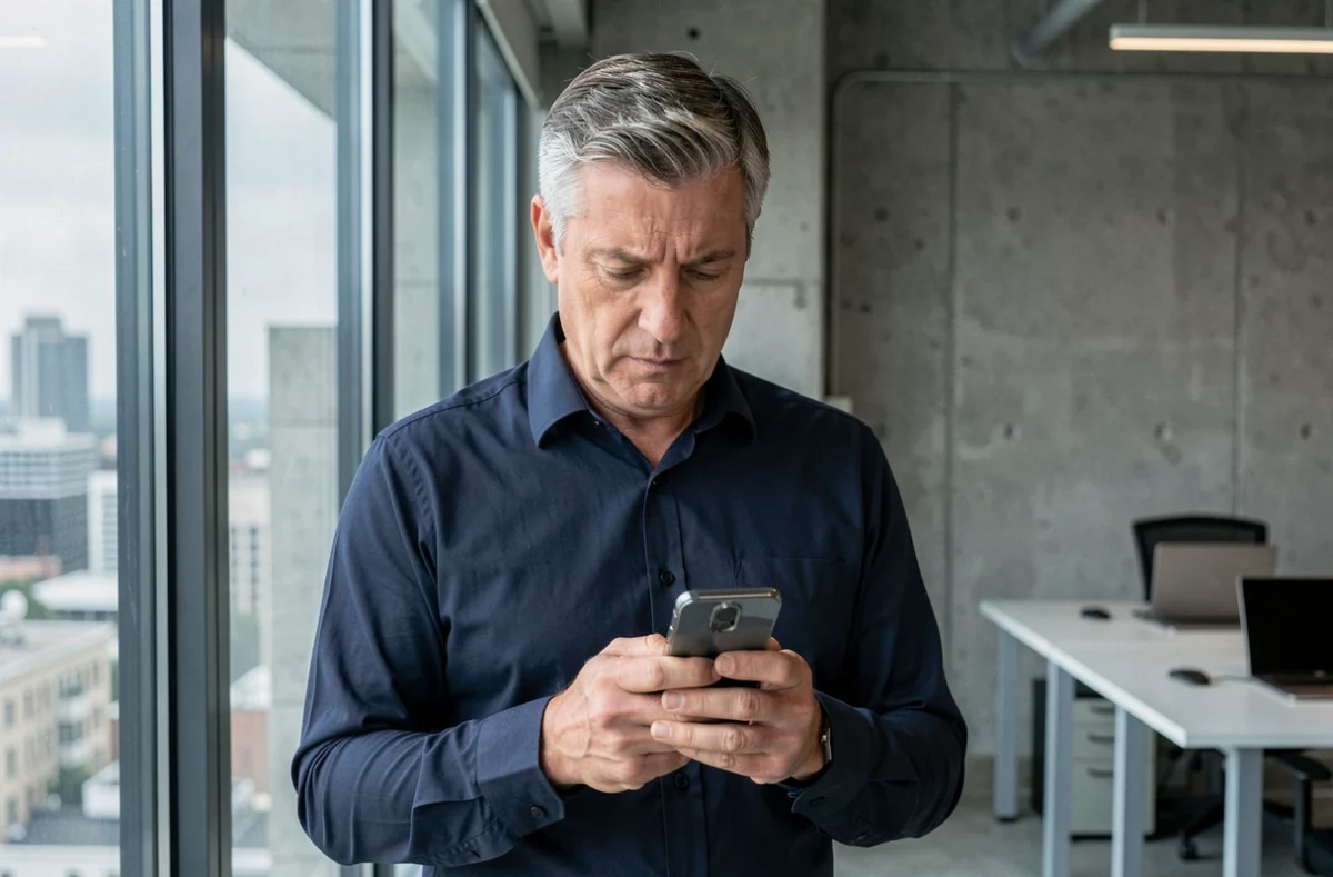 Homme consultant ses notifications email sur smartphone dans un bureau moderne, symbolisant la gestion d'abonnements RSS par email