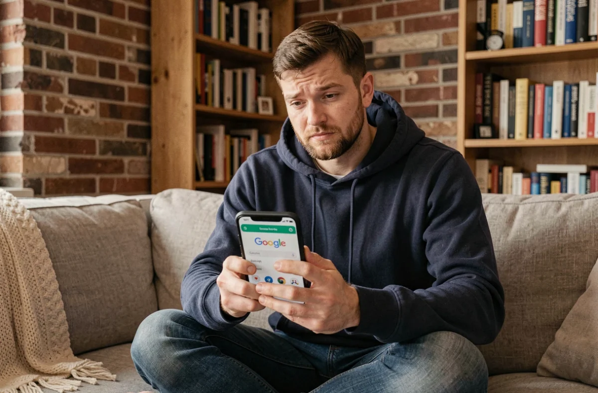 Jeune homme tenant un smartphone avec l'application Google, réfléchissant à la nature sociale de Google depuis son canapé