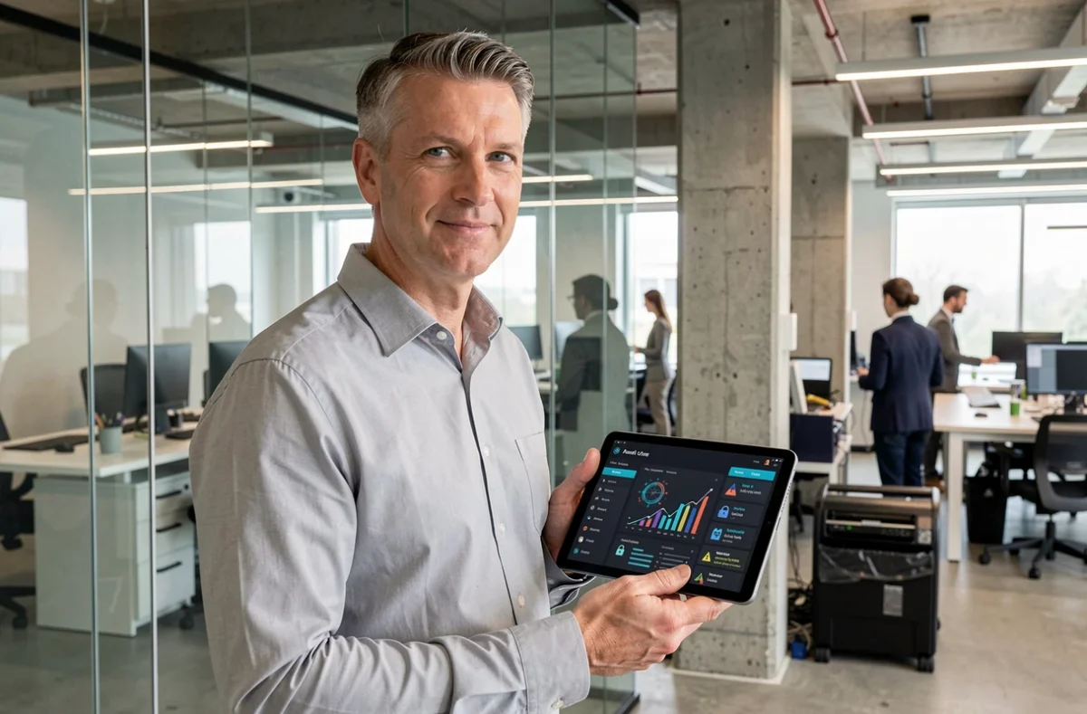 Homme en entreprise consultant un tableau de bord de sécurité numérique sur tablette
