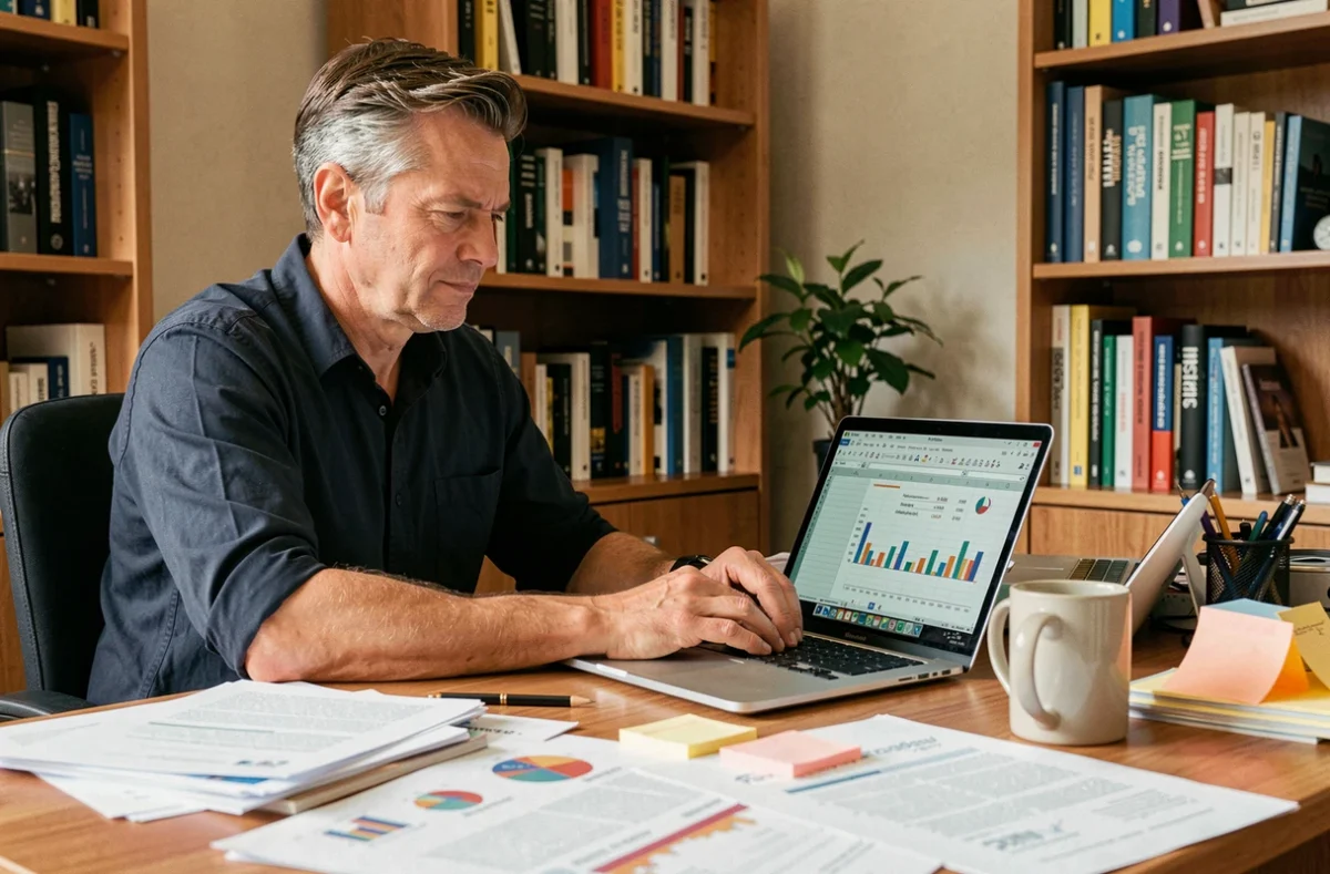 Homme travaillant sur un tableau Excel de taux de conversion depuis son bureau à domicile