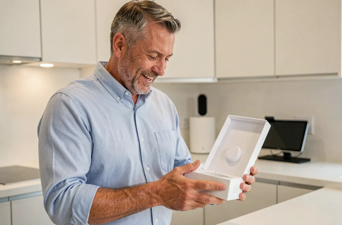 Homme passionné de nouvelles technologies déballant un appareil connecté pour maison intelligente