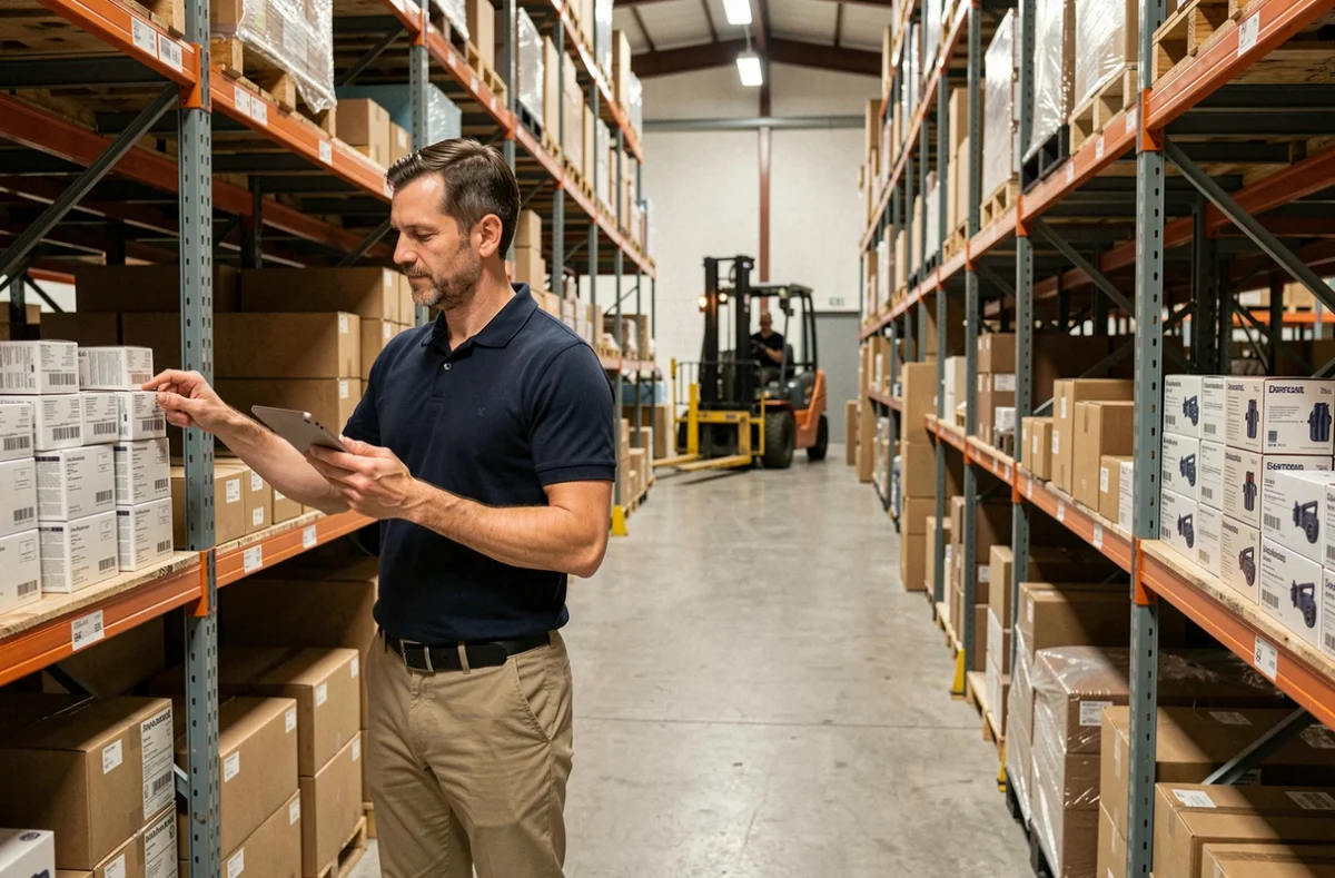 Employé de commerce utilisant une tablette avec intelligence artificielle pour gérer les stocks en entrepôt