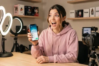 Jeune femme influenceuse tenant un smartphone affichant un milliard d'abonnés dans un studio créatif moderne
