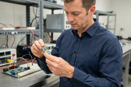 Ingénieur examinant un capteur IoT dans un laboratoire d'électronique moderne